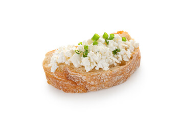 Bread slice with fresh cottage cheese and green onion on white background