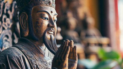 Intricately Carved Wooden Sculpture of Ancient Philosopher in Study Pose : Generative AI