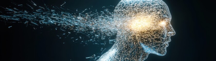 Mind Unleashed: A conceptual artwork depicting the human mind, represented by a translucent silhouette of a person with glowing eyes, seemingly dissolving into particles.