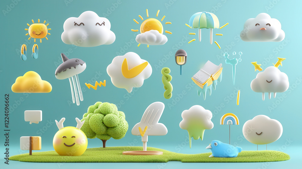 Poster bright and playful weather themed characters and icons create cheerful atmosphere. collection includ