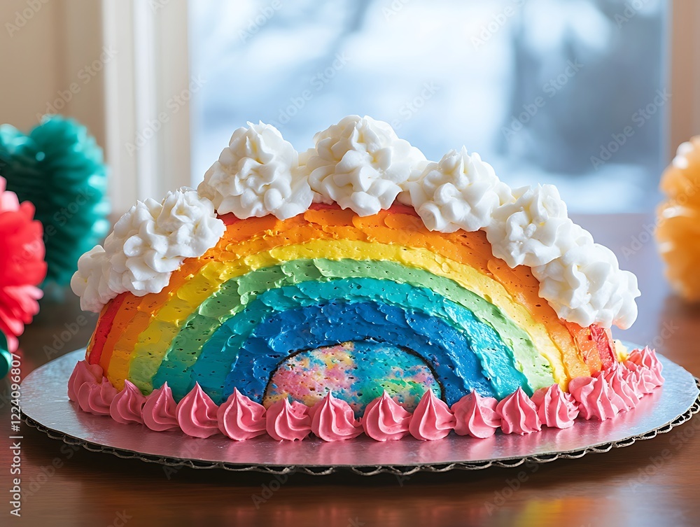Fototapete a whimsical birthday cake shaped like a rainbow with layers of bright colors and clouds of whipped c
