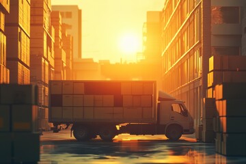 A delivery truck filled with boxes prepares to unload at a logistics hub during sunset