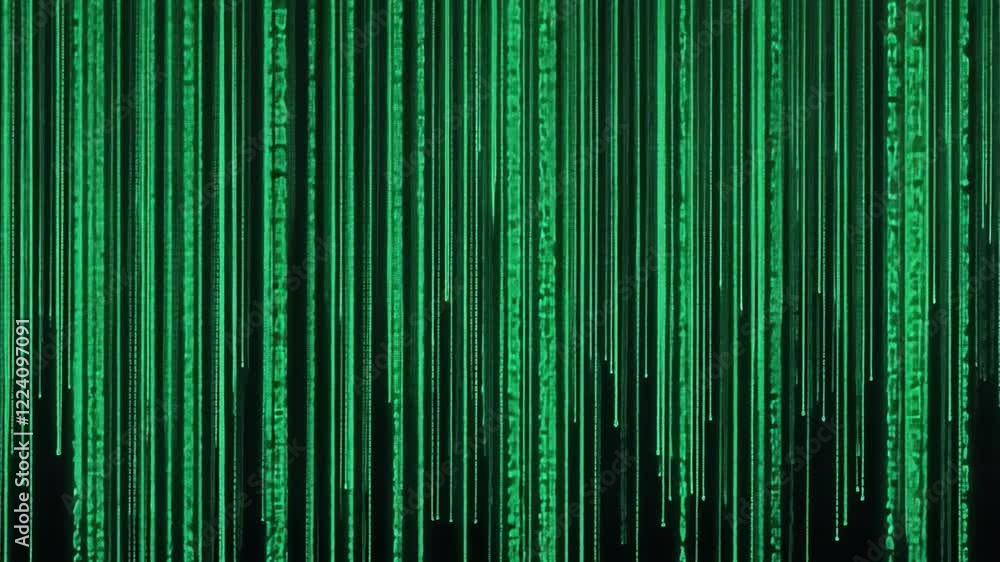 Poster digital rain: a mesmerizing visual of cascading green code raining down a black background, reminisc