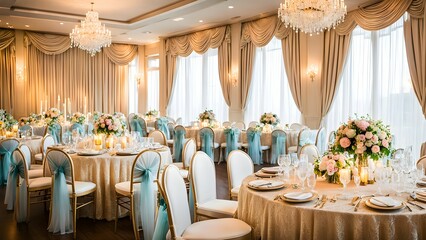 Elegant wedding reception tablescape featuring gold chairs with teal sashes,  ornate floral centerpieces, and shimmering chandeliers in a luxurious ballroom.