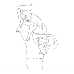 One continuous drawing line logo portrait owner with a cat in his arms .Single hand drawn art line doodle outline isolated minimal illustration cartoon character flat