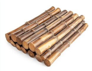 Stack of dark brown bamboo poles isolated on white background.