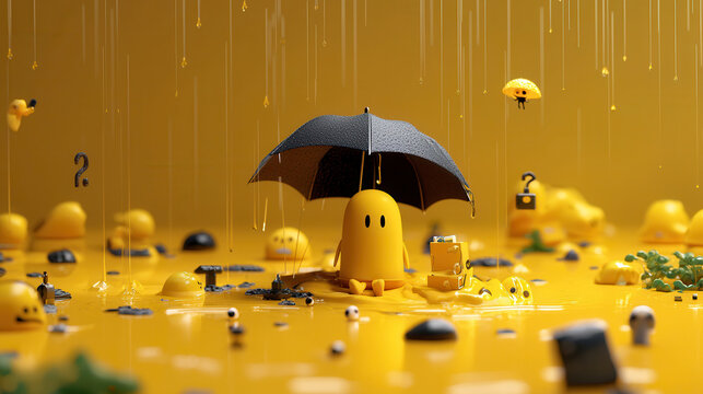 whimsical yellow character with umbrella sits rain soaked environment, surrounded by playful yellow figures and objects, evoking sense of