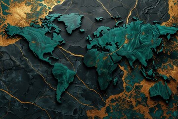world map Spectacular realistic detailed veins and half black and gold modern conceptual close-up, leaf coveturquoise with gold dust.