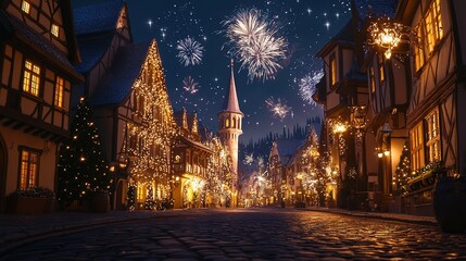 Naklejka premium Cobblestone Street, Festive Lights, New Year's Eve