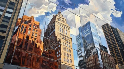 Fototapeta premium Lavish Acrylic Painting Highlighting Sunlight Glare on Mirrored Buildings with Negative Space at Midday, Showcasing Brilliance and Urban Elegance