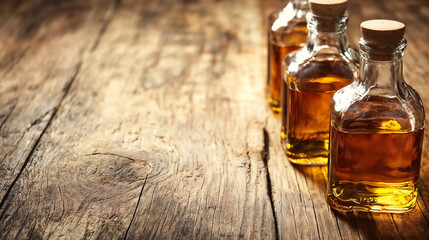 Vintage whiskey bottles on rustic wooden table. Premium beverage and spirits industry photography