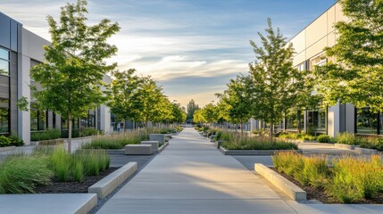 Modern Business Park Walkway Surrounded by Lush Greenery and Contemporary Buildings Under a Bright Sky with Soft Clouds