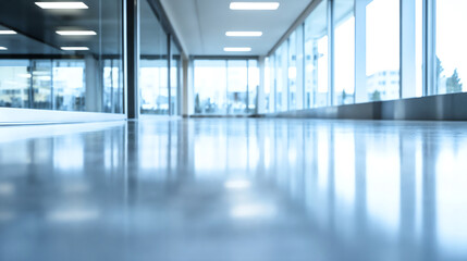 Empty corporate hallway with reflective floor and glass walls. Professional business environment and office space concept