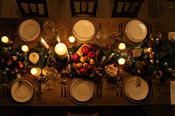 A top down view of a beautifully set Christmas Eve table featuring food
