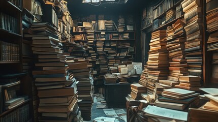 Obraz premium Nostalgic Archive: Rows of Books and Papers Preserving the Past