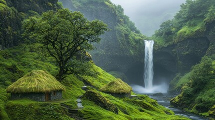 Serene Waterfall in Lush Icelandic Valley
