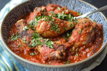 A hearty bowl of Nigerian jollof rice featuring a rich blend of tomatoes and spices served with tender chicken for a filling meal