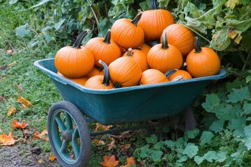 A wheelbarrow filled with fresh pumpkins in a vibrant pumpkin patch during autumn