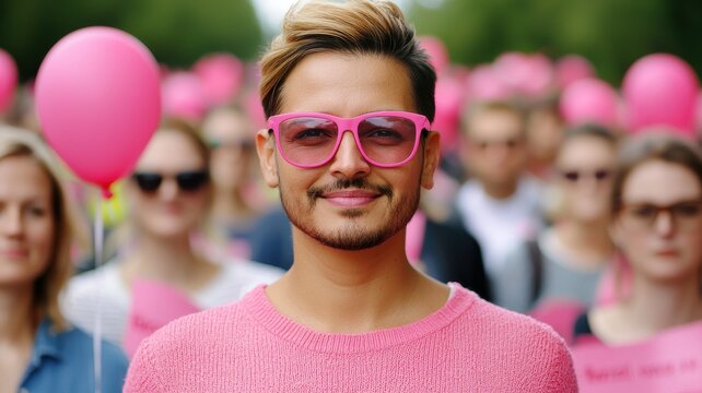 A smiling person in pink attire stands out in a crowd of people holding pink balloons, promoting unity and joy in a vibrant outdoor setting.