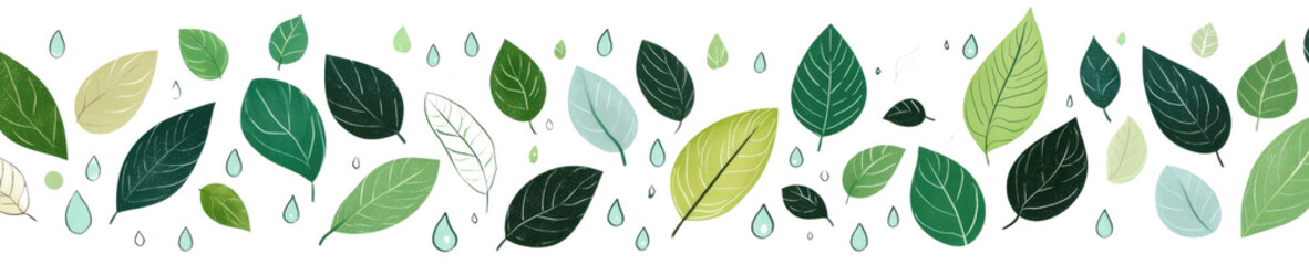 A line of green leaves with some water droplets on them