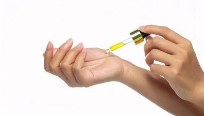 close-up of hands using a dropper to apply nourishing body oil, emphasizing hydration and self-care
