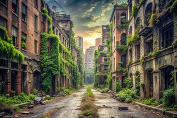 Fototapeta premium Abandoned cityscape with crumbling buildings and overgrown streets, decayed, concrete