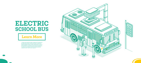 Isometric Electric School Bus on Charging Station. Ecological Public Transport. Outline Concept.