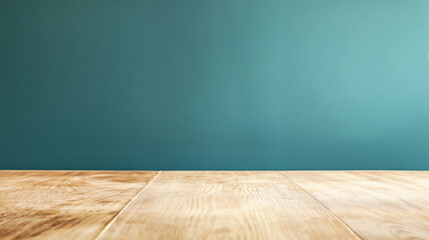 Empty wooden table with teal wall background. Product display and interior design backdrop