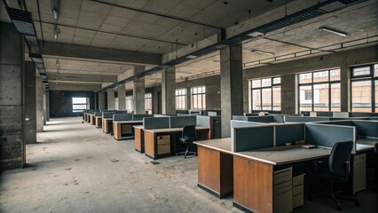 Abandoned office space with dark concrete walls and empty desks, abandoned office, industrial interior, dark concrete