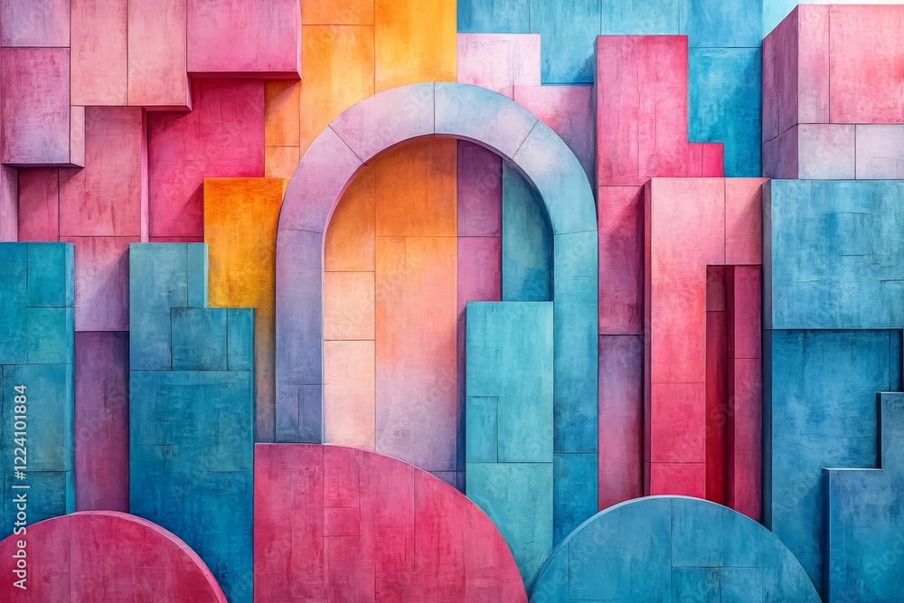 Poster vibrant geometric abstraction: a burst of colorful shapes and patterns in artistic harmony