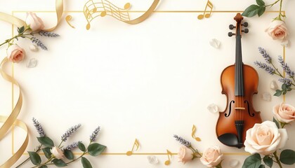 Funeral flyer template for a musician with violin, piano keys, and floral accents in golden and cream tones.