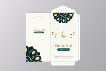 Eid Al fitr Mubarak greeting envelope design. Happy Eid Al fitr Mubarak with mandala lanterns moon and stars illustration