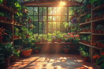 Obraz premium Lush Greenery in a Sun-Drenched Greenhouse Offering Serenity and Growth for Various Types of Flourishing Plants