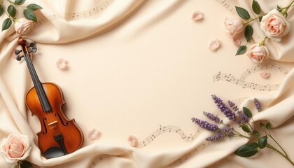 Funeral flyer template for a musician with violin, piano keys, and floral accents in golden and cream tones.