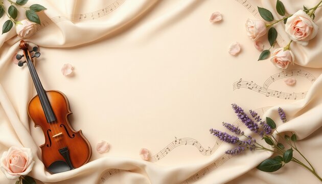 Funeral flyer template for a musician with violin, piano keys, and floral accents in golden and cream tones.