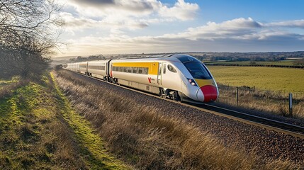Fototapeta premium Wide-Angle View of a Sunny Day: Ultra-Fast Modern Train Speeds Through Picturesque Countryside, Symbolizing Progress and Efficiency with Its Sleek Design and Powerful Engine.