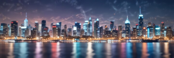 Fototapeta premium Abstract circular bokeh lights in vibrant colors against blue cityscape, vibrant colors, city lights