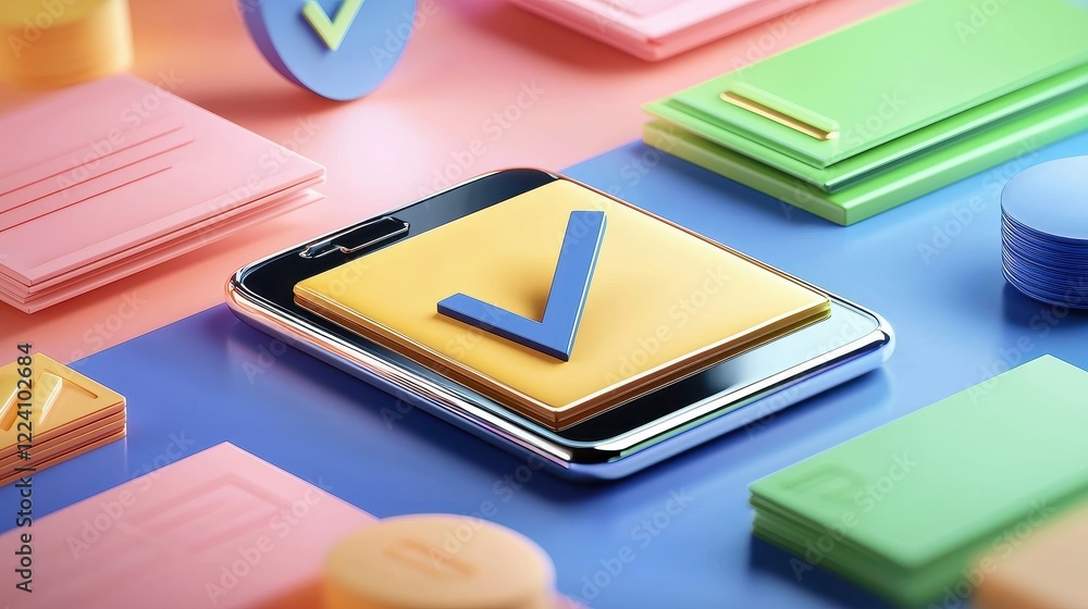 Poster colorful smartphone with checkmark on notepad design