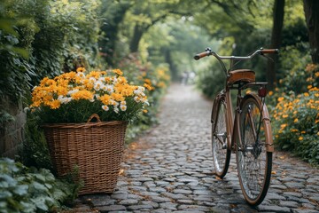 Fototapeta premium Vintage Bicycle with Colorful Flowers Basket On a Sunny Day