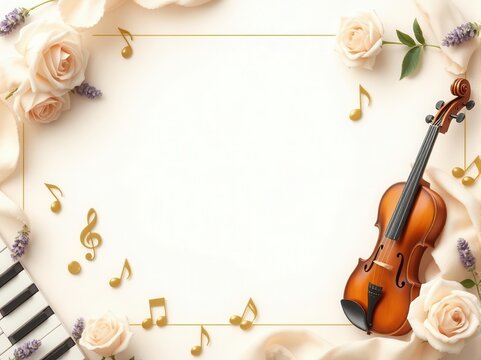 Funeral flyer template for a musician with violin, piano keys, and floral accents in golden and cream tones.