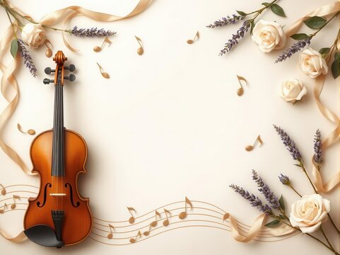 Funeral flyer template for a musician with violin, piano keys, and floral accents in golden and cream tones. - Powered by Adobe