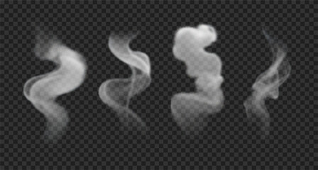 Realistic incense smoke, steam, vapor. Set of vector design elements. White wavy fog, haze isolated on transparent backdrop