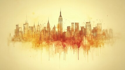 Obraz premium Panoramic View of a Bustling Financial Center in Warm Afternoon Light Captured Through Crisp Linework and Subtle Watercolor Wash Techniques