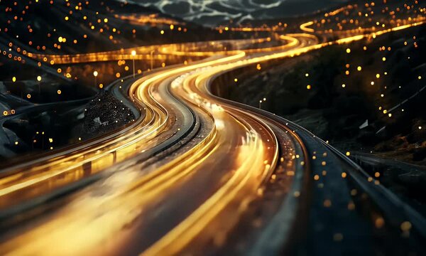 Night highway traffic, mountain lights, speed, travel