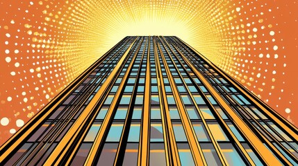 Retro Comic-Style Depiction of an Iconic Financial Tower with Bold Halftones and Bright Overhead Effects Capturing Unique Architectural Features in Vibrant Colors