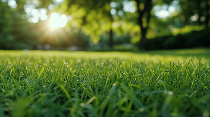 Naklejka premium Fresh green grass lawn in morning sunlight. Landscape and garden maintenance concept