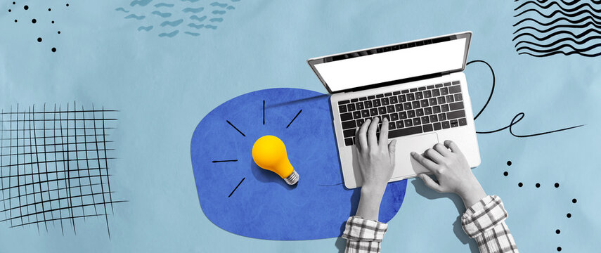 Person using a laptop computer and light bulbs - Collage