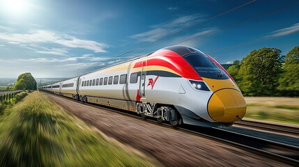 Wide-Angle View of a Sunny Day: Ultra-Fast Modern Train Speeds Through Picturesque Countryside, Symbolizing Progress and Efficiency with Its Sleek Design and Powerful Engine.