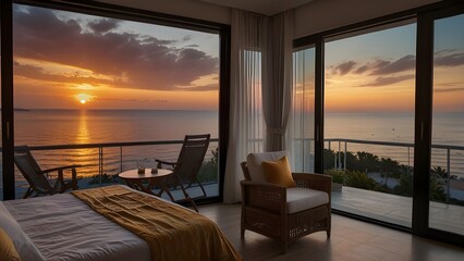 sunset over the sea, view from bedroom hotel