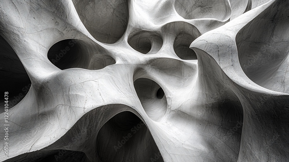 Poster abstract grayscale sculpture with organic, flowing forms and deep cavities.